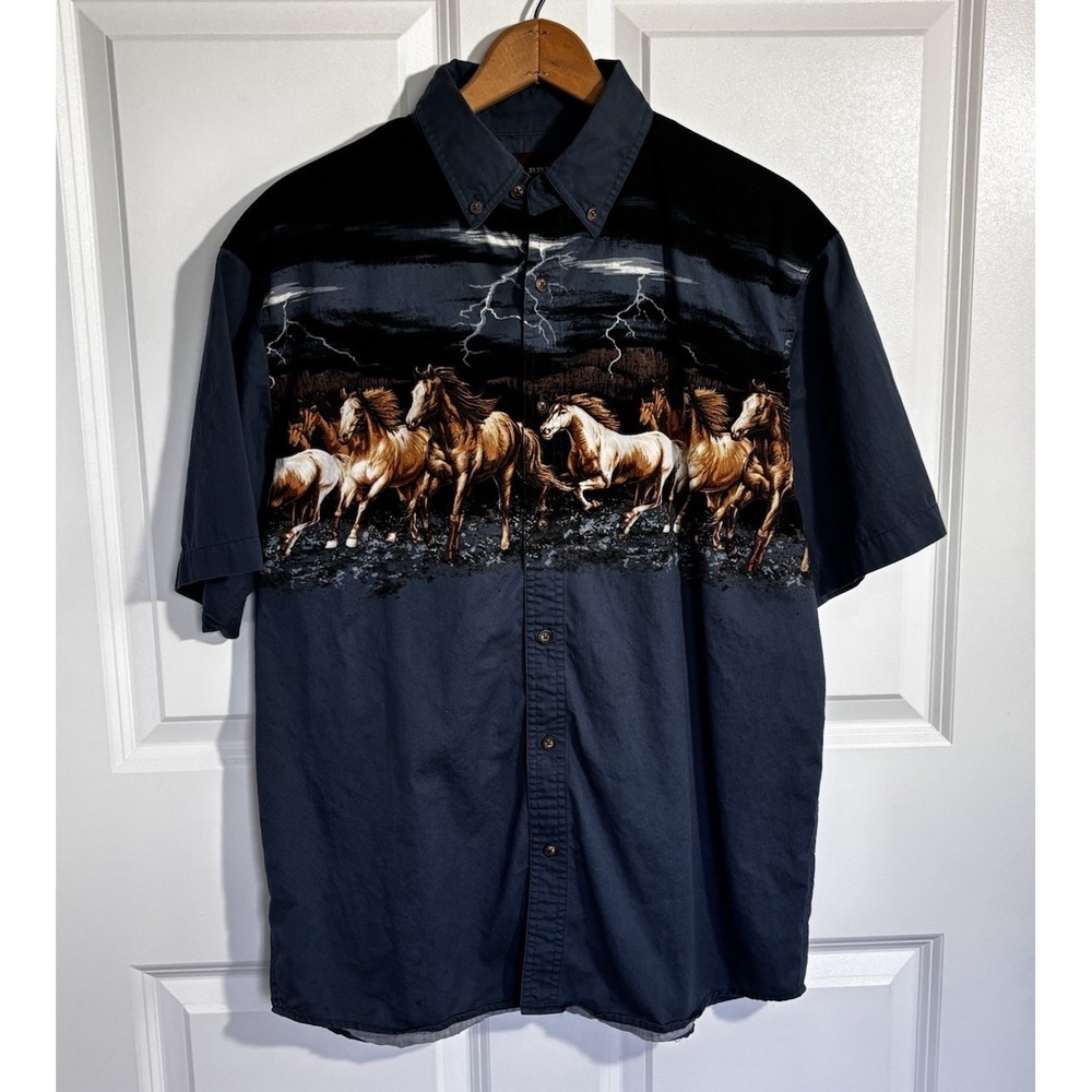 Bit & Bridle Horses Stormy Sky Men's M Short Sleeve Button Navy Blue/Black 0554